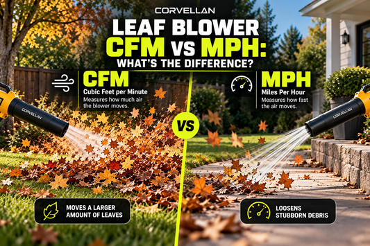 Leaf blower CFM vs MPH comparison showing CFM as air volume for moving more leaves and MPH as air speed for loosening stubborn yard debris.
