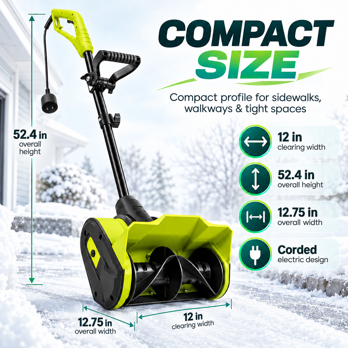 CORVELLAN 12-Inch Electric Snow Blower, Corded Snow Shovel for Driveways & Sidewalks