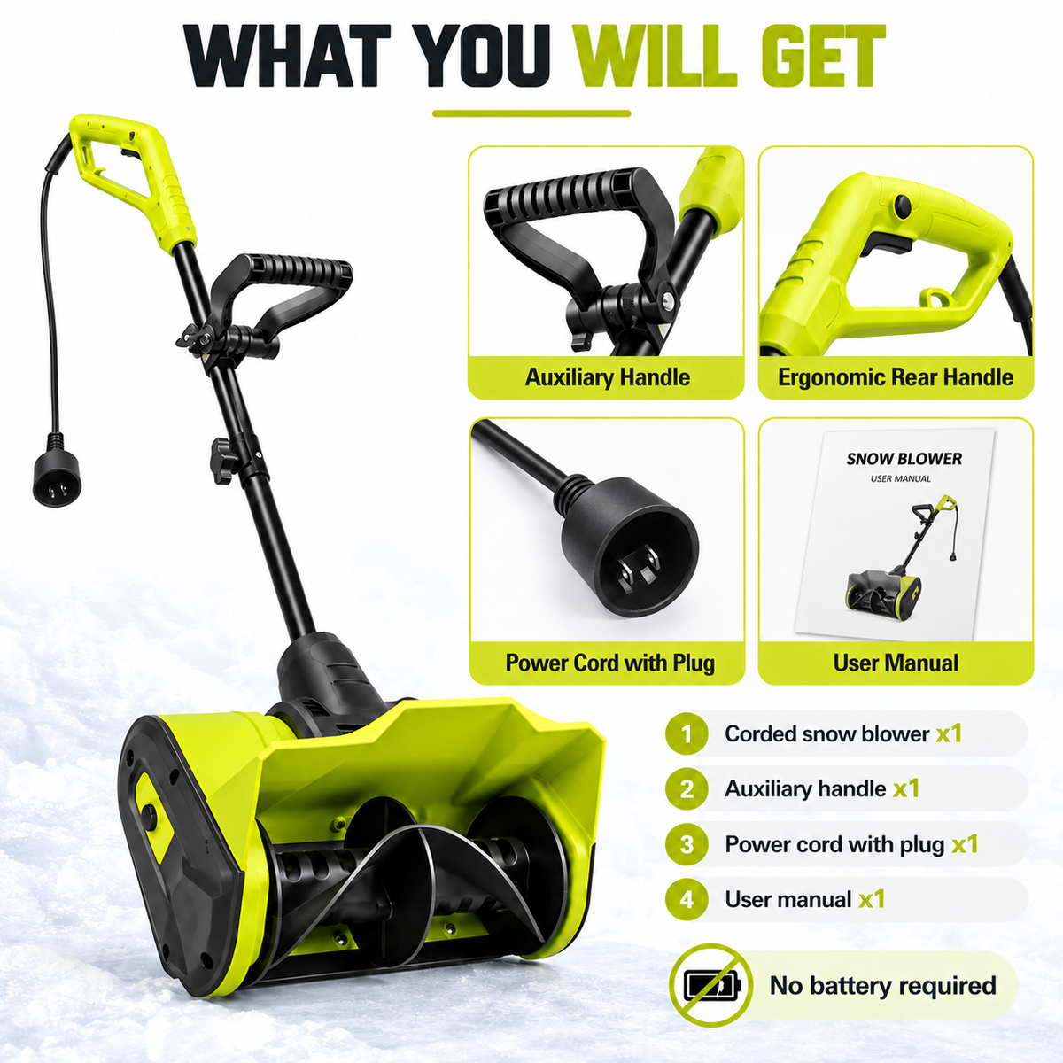 CORVELLAN 12-Inch Electric Snow Blower, Corded Snow Shovel for Driveways & Sidewalks