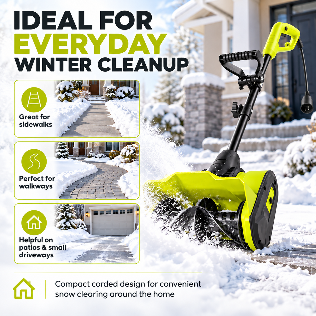 CORVELLAN 12-Inch Electric Snow Blower, Corded Snow Shovel for Driveways & Sidewalks