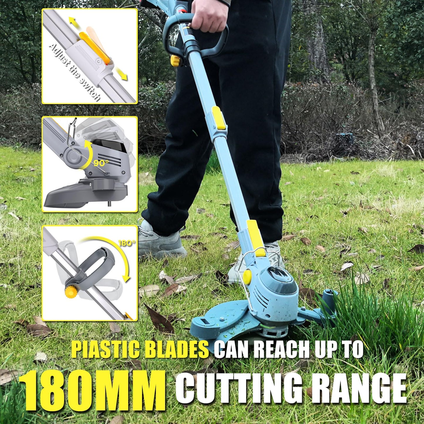 2026 Upgraded Cordless Grass Trimmer with 3 Cutting Heads, 21V 4A 3000mAh High Capacity Battery Powered Electric Grass Mower for Garden Yard