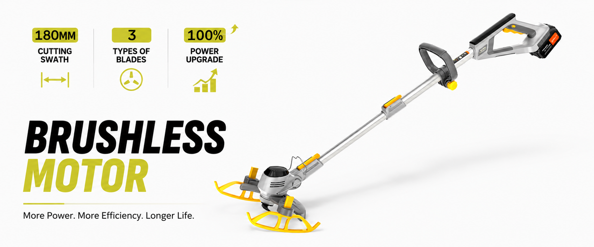 A cordless string trimmer shown on a gray gradient background with marketing text highlighting 180mm cutting swath, 3 blade types, 100% power upgrade, and brushless motor.