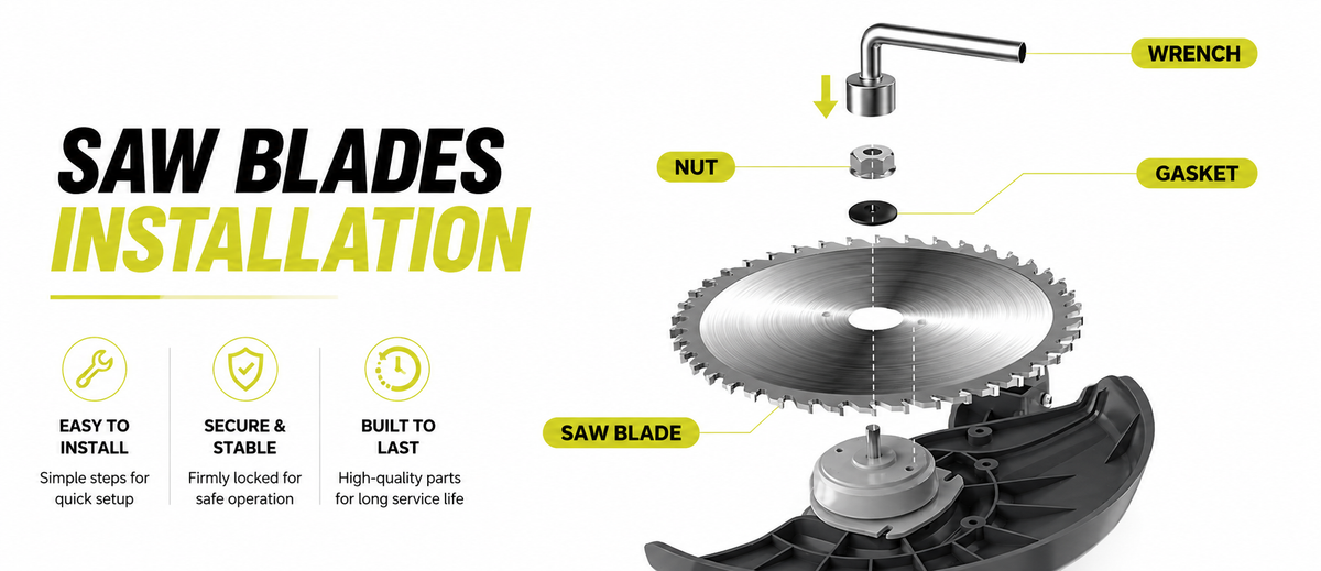 Instructional graphic showing saw blade installation with labeled parts: Nut, Wrench, Gasket, and Saw Blade, on a gray gradient background.