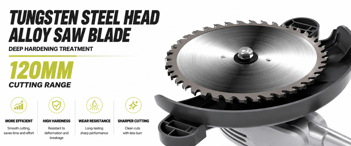 A tungsten steel saw blade with deep hardening treatment, shown mounted in a gray circular saw base. The image features promotional text highlighting its 120mm cutting range and benefits like improved efficiency and wear resistance.