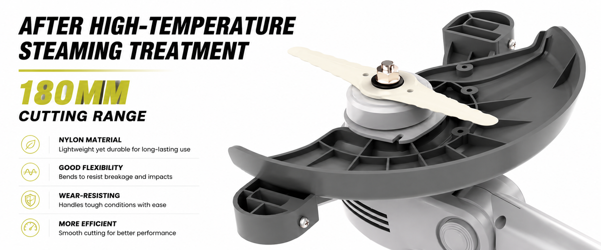 A close-up of a gray and white plastic cutting attachment with a small beige blade, shown on a light gray background with promotional text about high-temperature steaming treatment, 180mm cutting range, nylon material, good flexibility, wear-resisting, and more efficient performance.