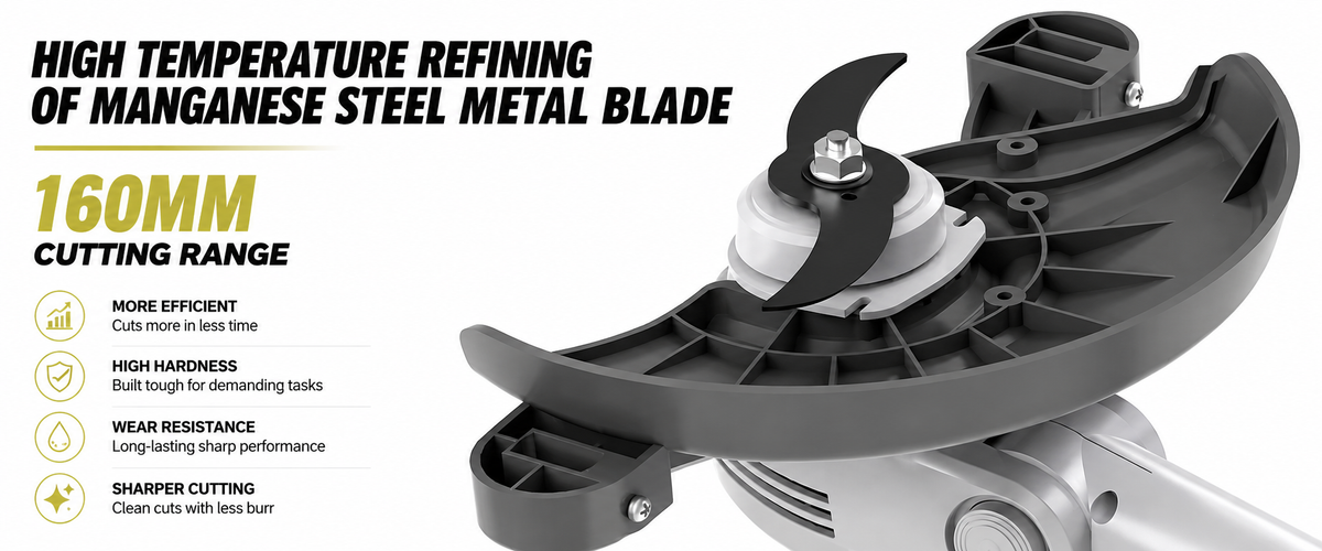 A close-up promotional graphic of a gray metal cutting blade with a black curved guard and visible bolt fastener. Large text reads 'HIGH TEMPERATURE REFINING OF MANGANESE STEEL METAL BLADE' and '160MM Cutting Range,' with yellow callout badges listing benefits like more efficient, high hardness, wear resistance, and sharper cutting.