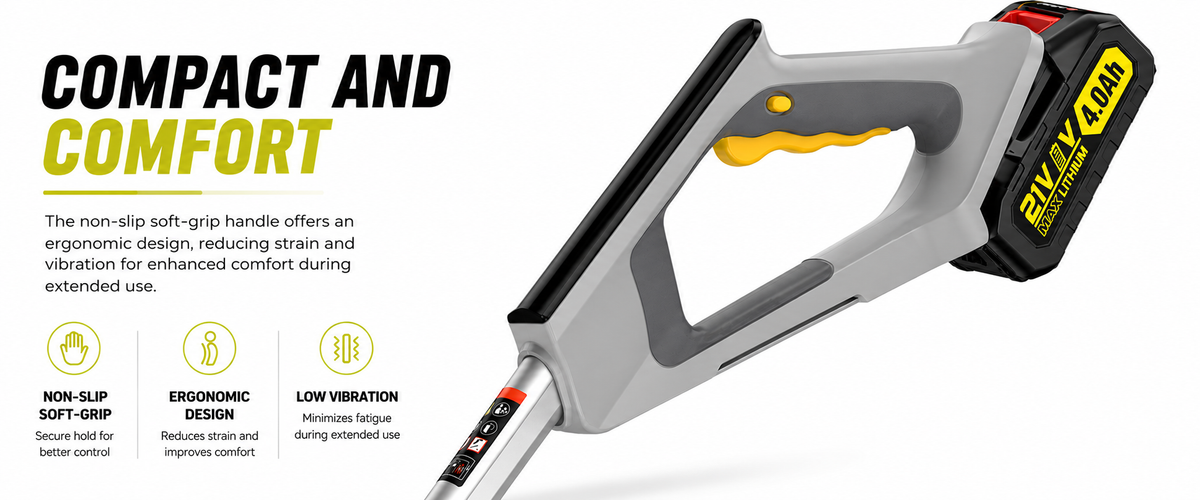 A cordless pole tool with a white and gray ergonomic handle and a black battery pack labeled 20V MAX 4.0AH, shown on a light gray background with marketing text on the left.