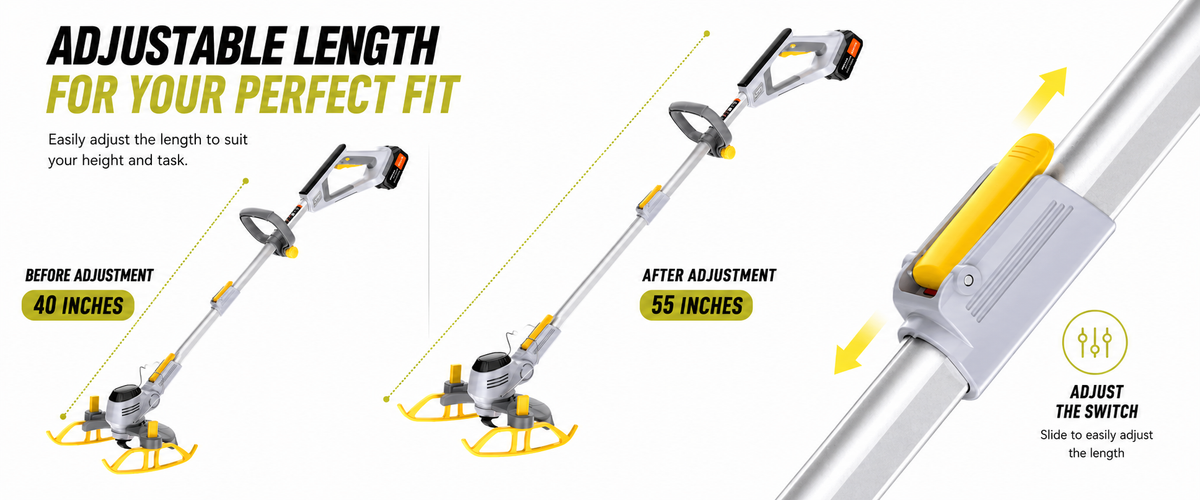 A lawn care product shown in three views on a gray gradient background, demonstrating a length adjustment feature labeled 'Before adjustment' at 40 inches and 'After adjustment' at 55 inches, with text 'Adjust the switch' and yellow arrows.