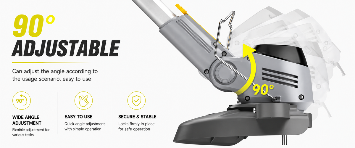 A robotic lawn mower or trimmer attachment shown at an angle with text reading '90° ADJUSTABLE' and a yellow arrow indicating adjustable angle use. The product is primarily gray and white with small black and yellow details, set against a soft gray gradient background.