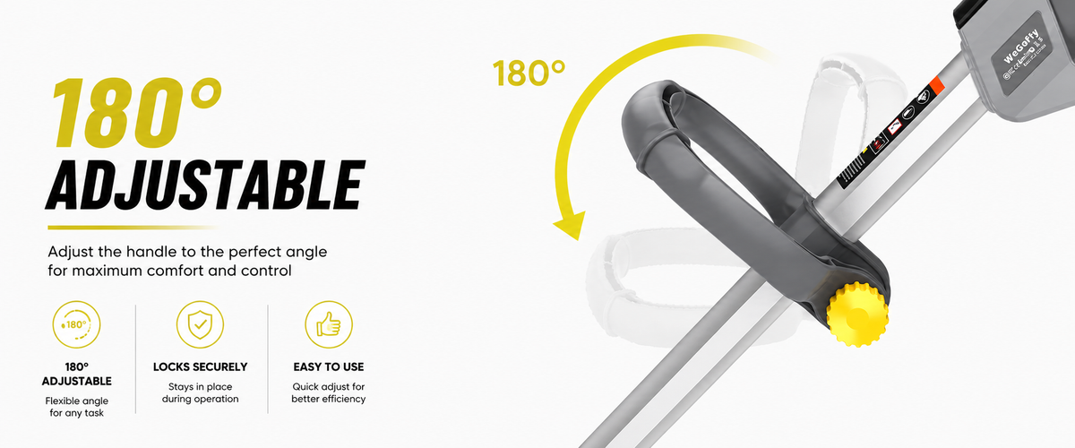 Adjustable fitness equipment close-up showing a gray handlebar with a yellow adjustment knob and a curved yellow arrow indicating 180-degree adjustability, on a gray gradient background with text reading '180° ADJUSTABLE'.
