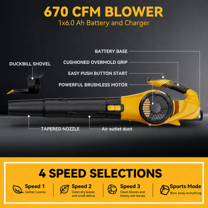 CORVELLAN 4 Speed Cordless Leaf Blower 670 CFM 180 MPH with Battery & Charger
